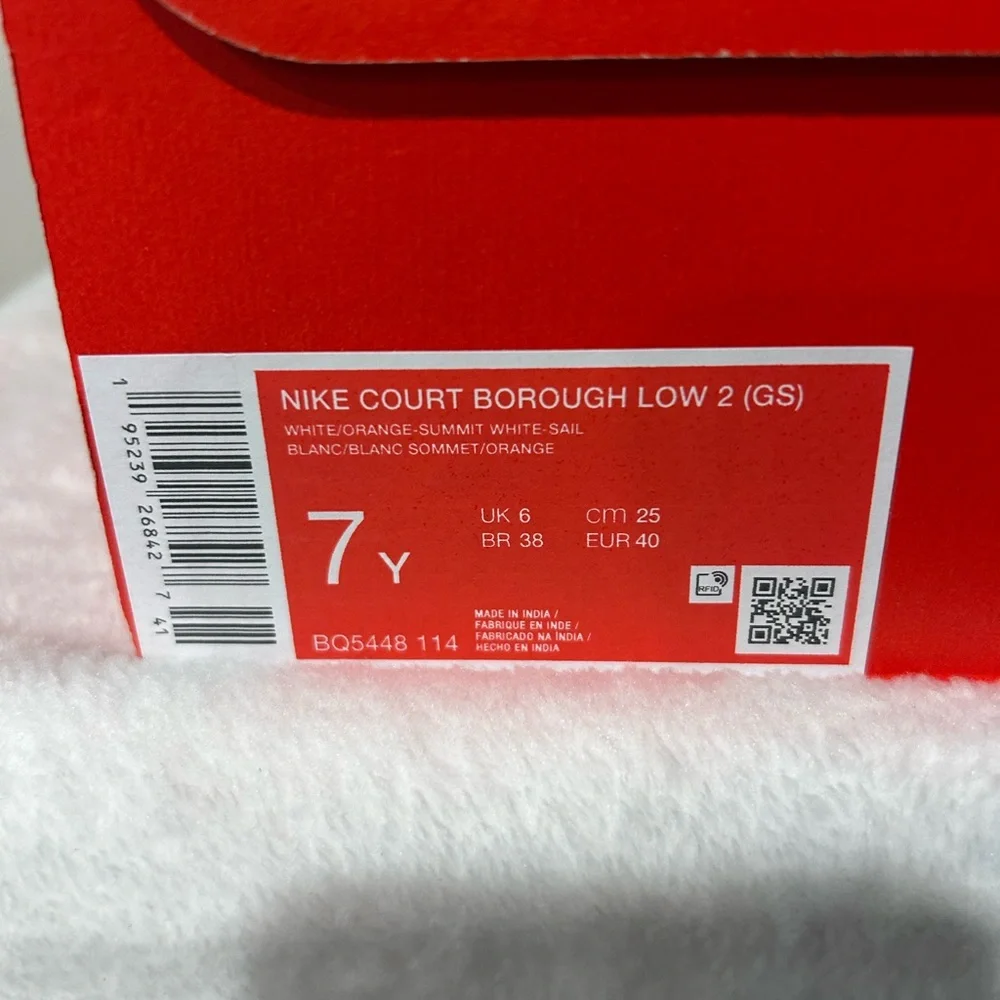 Nike Court Borough Low 2 GS White Orange Sneakers Youth 7Y New